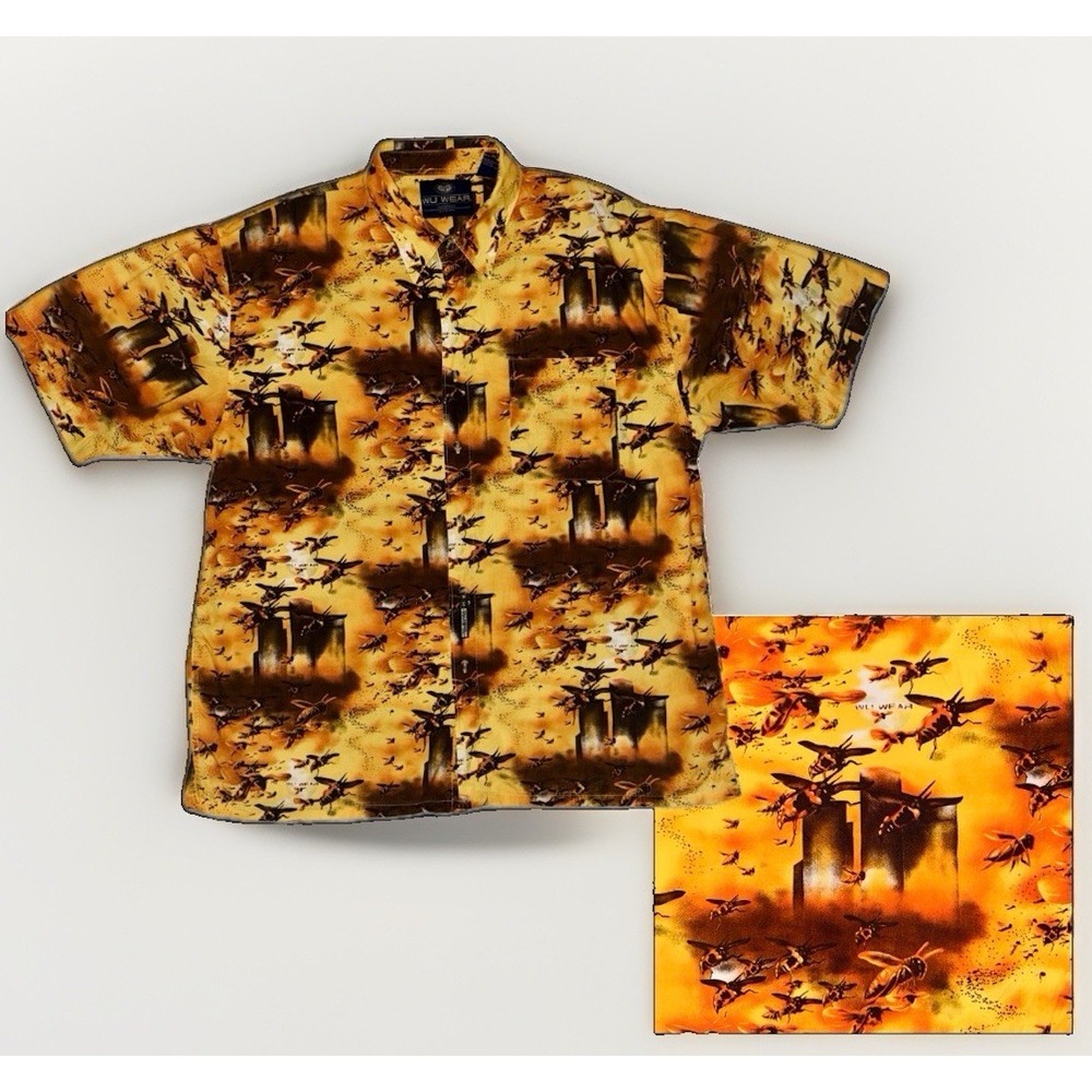 VTG 90s Wu Wear Killer Bees All Over Print Shirt 2XL Yellow Wu-Tang Button 56x33